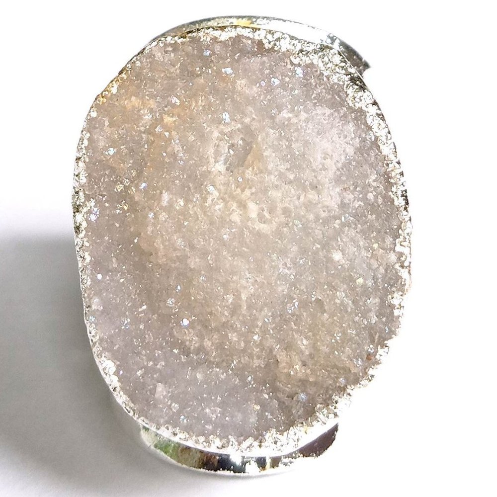 White Drusy Agate Cocktail Ring 68 carats on Adjustable Wide Hammered Band